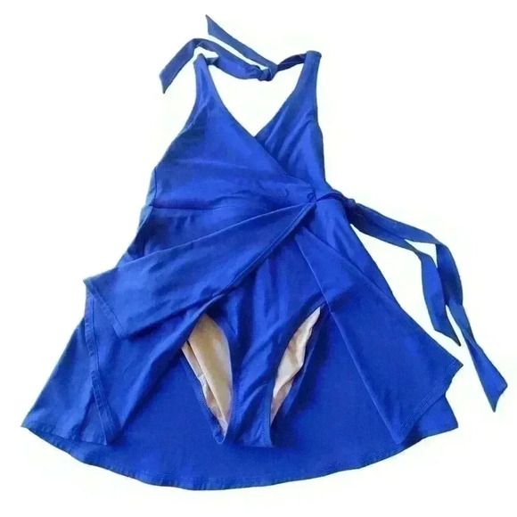 J Crew Halter Wrap Swim Dress Modest Royal Blue Womens Size 4 - Picture 6 of 10